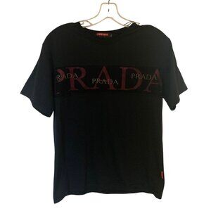PRADA Black + Red Vintage Mesh Covered Logo Short Sleeve Unisex T-Shirt Large